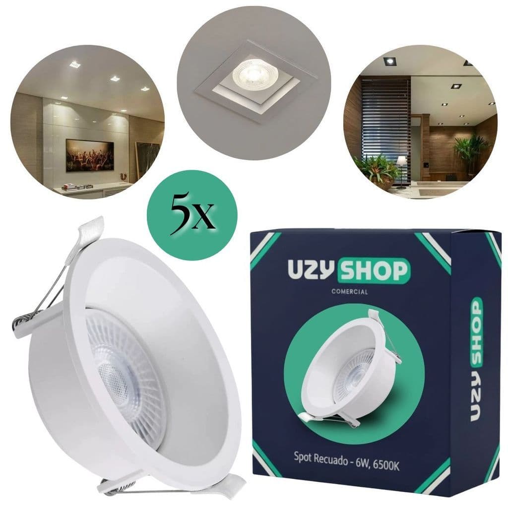 Kit 5 Spot Recuado LED 6W Embutir Quadrado Redondo Com Lâmpada Dicroica Branco Quente Frio Bivolt