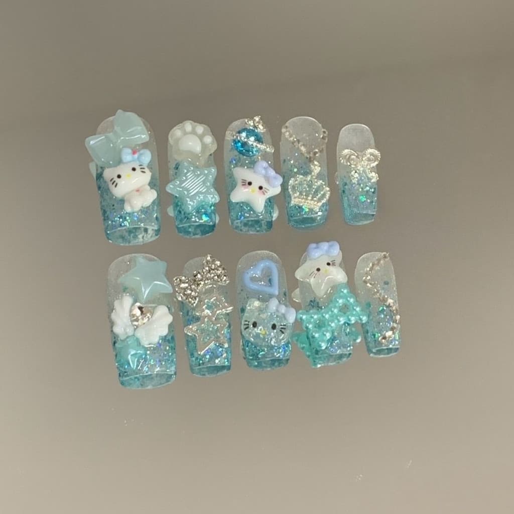 Bonito Azul HelloKitty Artesanal Imprensa Em Unhas 3D Hello Kitty Arco Pérola Estrela Amor Diamante Glitter Falsas Asas