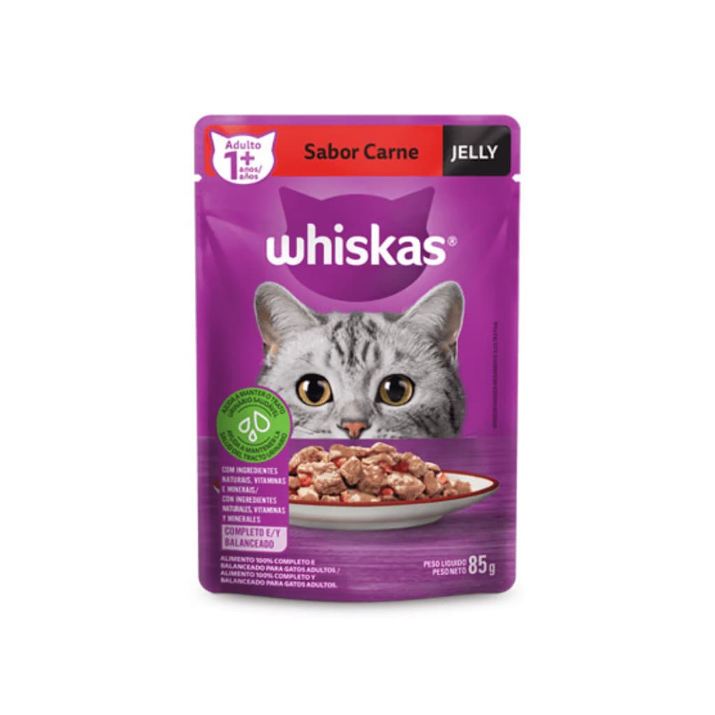 Ração Úmida Whiskas Sachê para Gatos Adultos sabor Carne Jelly 85g