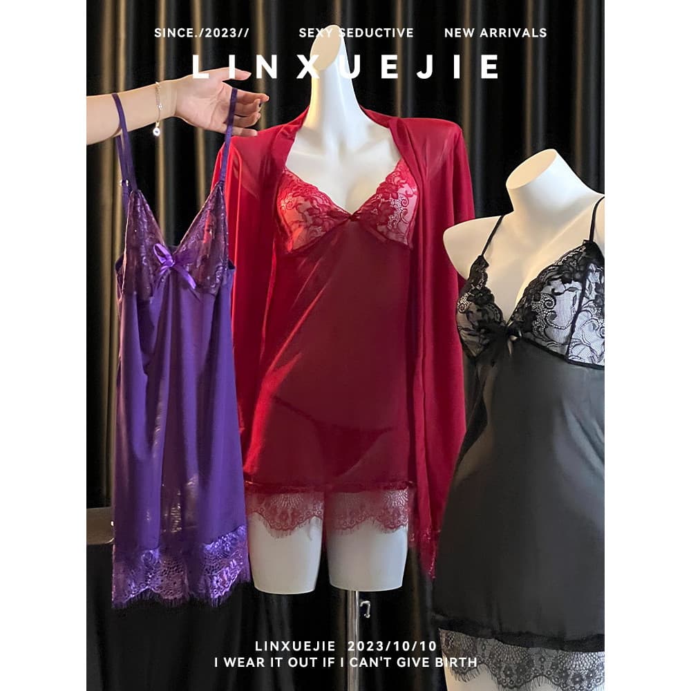 Pijamas de três peças feminino verão seda gelo estilo fino estilingue almofada no peito renda puro desejo estilo serviço