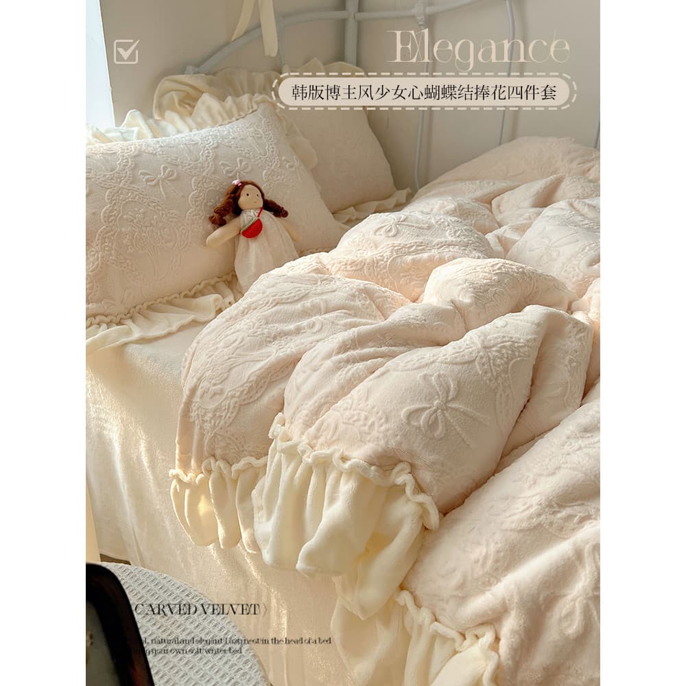 Coreano estilo princesa leite veludo cama conjunto de quatro peças Coral veludo engrossado esculpido colcha capa dupla f