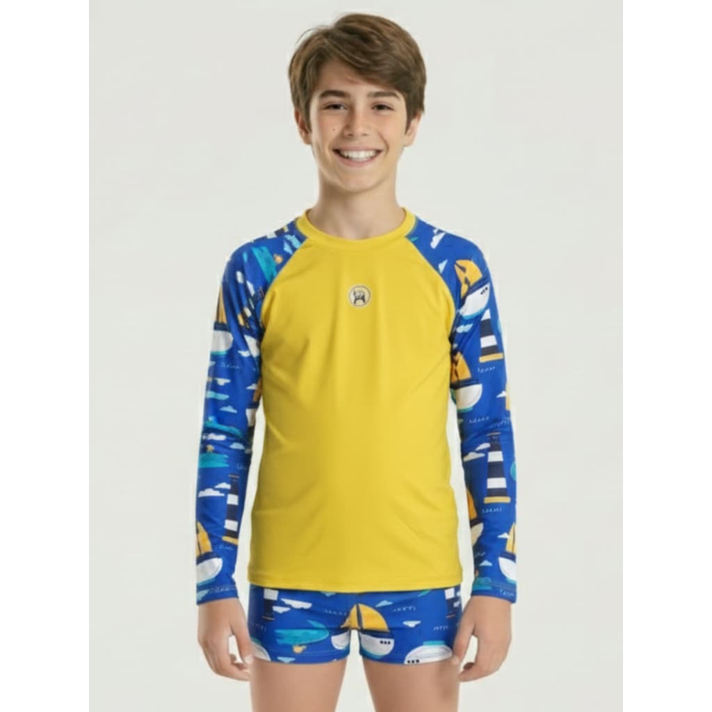 Sunga Boxer Infantil Juvenil + Camisa Manga longa Termica Proteção Solar Uv50+ Praia Poliamida