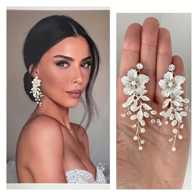 Brincos de Noiva Vintage Elegantes com Motivos Florais, Aço Titânio Banhado a Prata, Pérolas e Cristais Artificiais, Joi