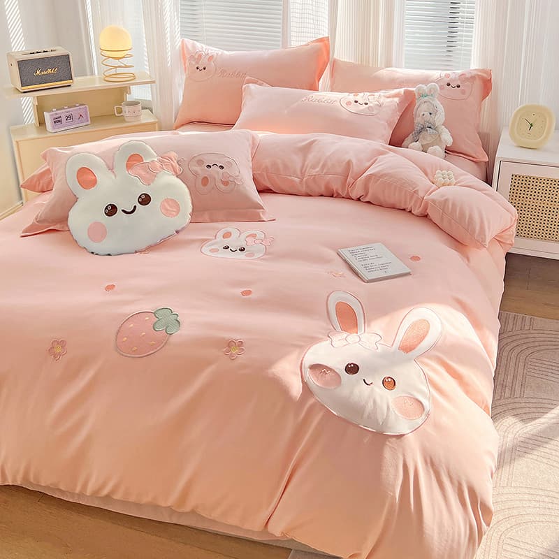 Bonito coelho colcha capa de quatro peças conjunto rosa menina estilo menina cama conjunto de três peças dormitório estu