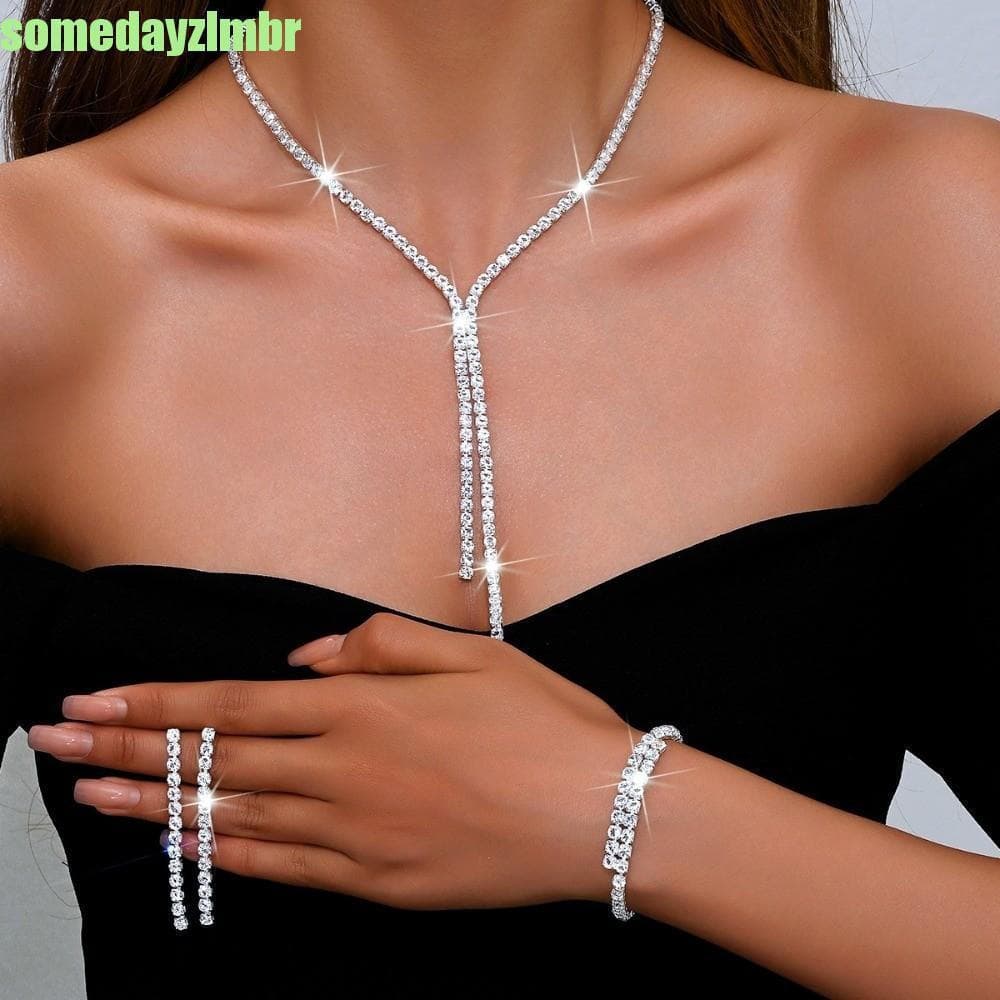 SOMEDAYZL0M Conjunto de joias com strass de 4 peças, colar brilhante, brincos, pulseira, luxuoso VJMU