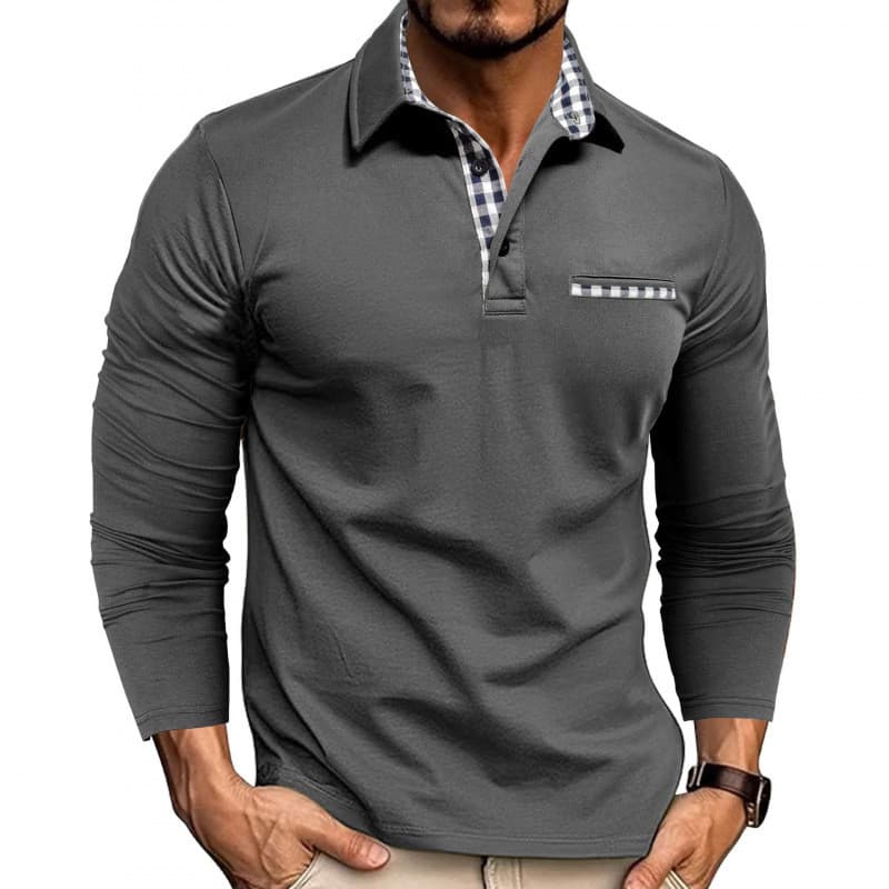Novo estilo masculino Casual moda POLO camisa lapela manga comprida camiseta com bloqueio de cores