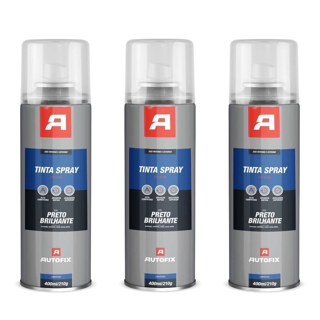 Kit 3 Tinta Spray de pintura Uso Geral 400ml -  400ml / 210g - Preto Brilhante Ok