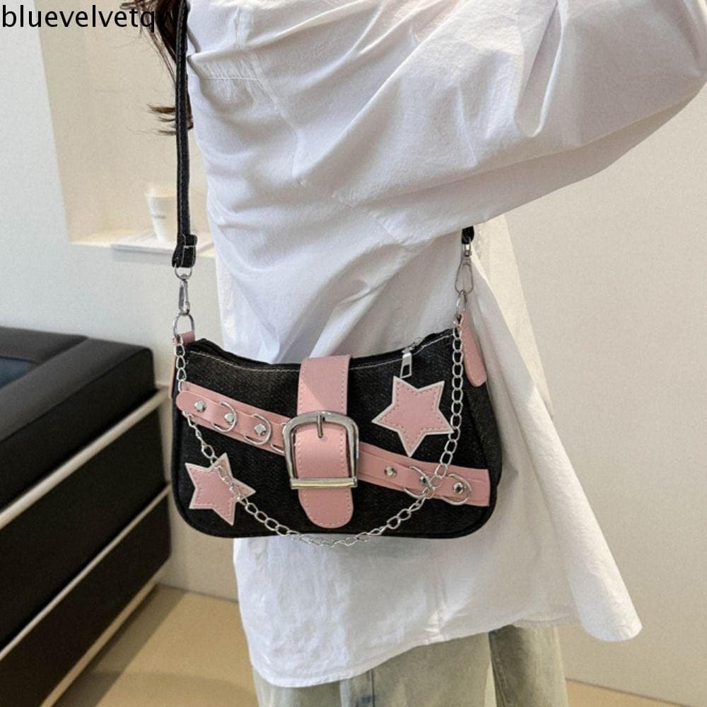 BLUEVELVETQW Bolsa de ombro Y2k, bolsa de mão em jeans estilo coreano, com correntes e padrões de estrelas.   ZUNB