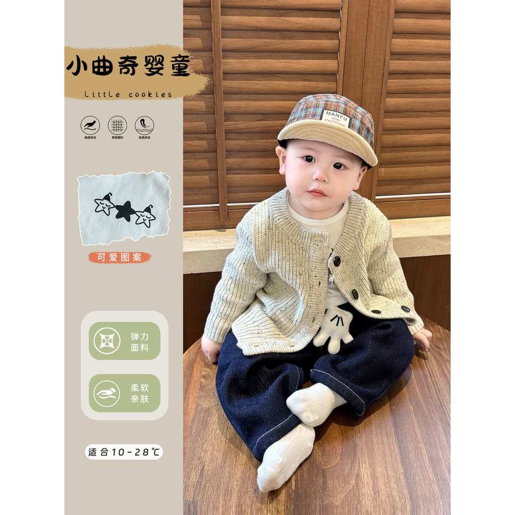 Menino terno do bebê primavera malha Cardigan com lã interior Jeans roupas de bebê primavera moda Outing roupas primaver