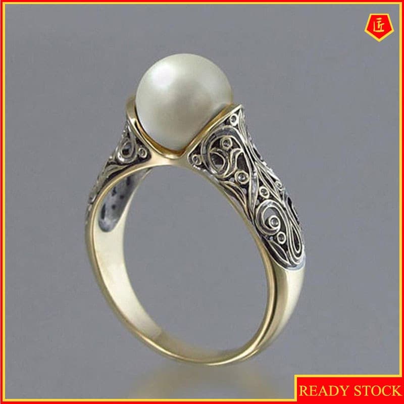 Anel De Pérola Natural Incrustado De Ouro 14k Retrô / Acessórios De Prata