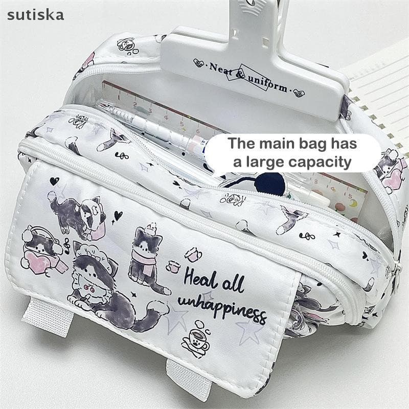 sutiska Estojo De Lápis Com Estampa De Gatinho Fofo , Fresco , Grande Capacidade , Bolsa , Armazenamento Multicamadas ,