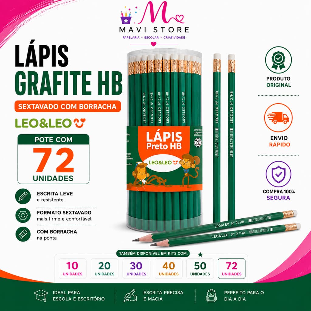 Lápis Grafite HB com Borracha Leo&Leo Kit 10 a 72 Unidades Sextavado Escolar