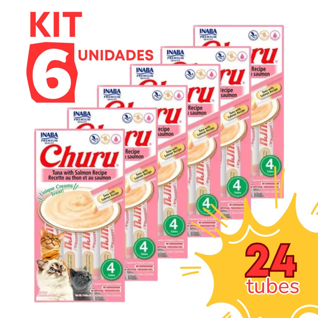Petisco para gato churu Atum e Salmão para Gatos kit 24 Saches Petisco Japonês de Alta Umidade