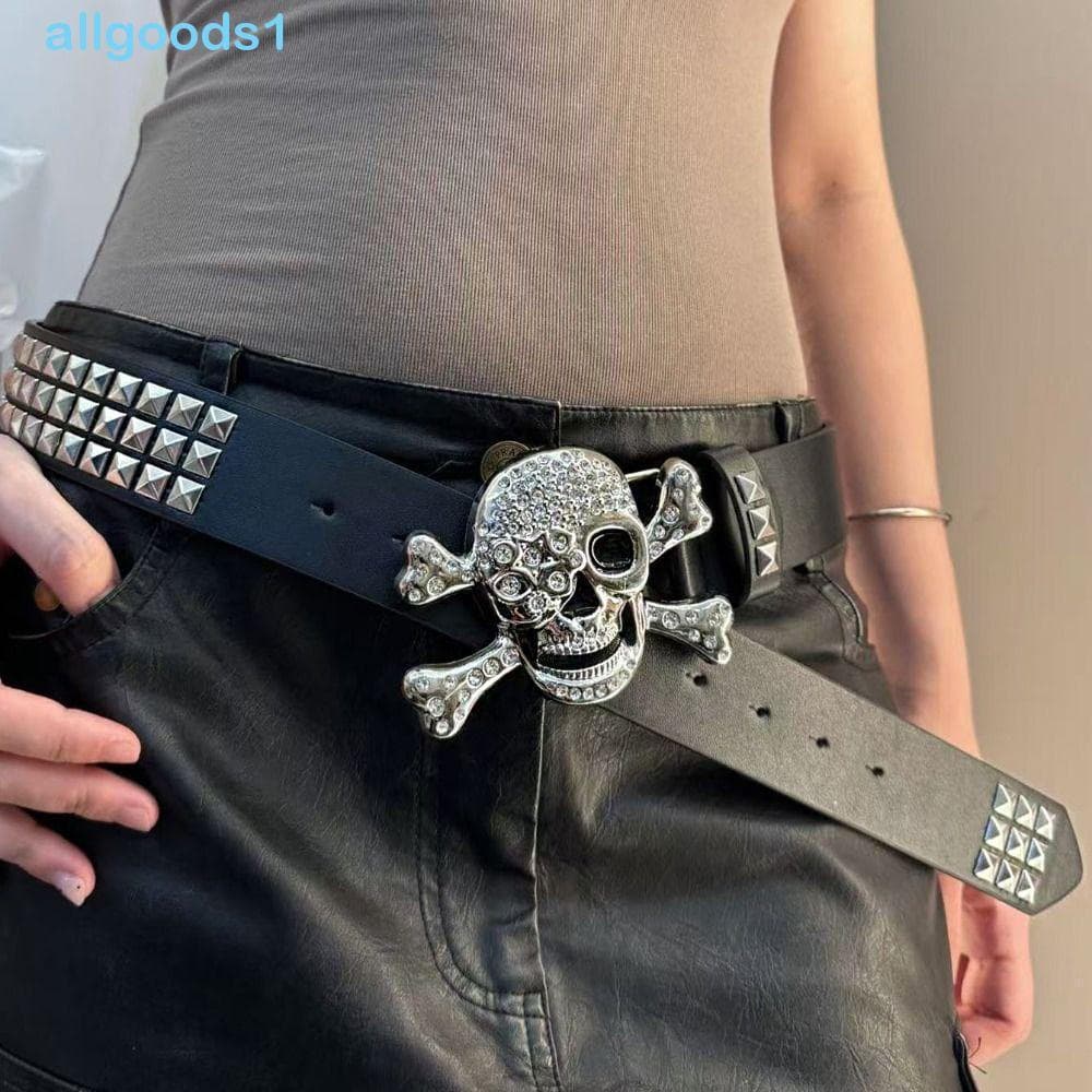 ALLGOODS Crânio Cintura Larga , Strass Ajustável Preto Rebite Cinto , Y2K Punk Hip-hop Esqueleto Casal