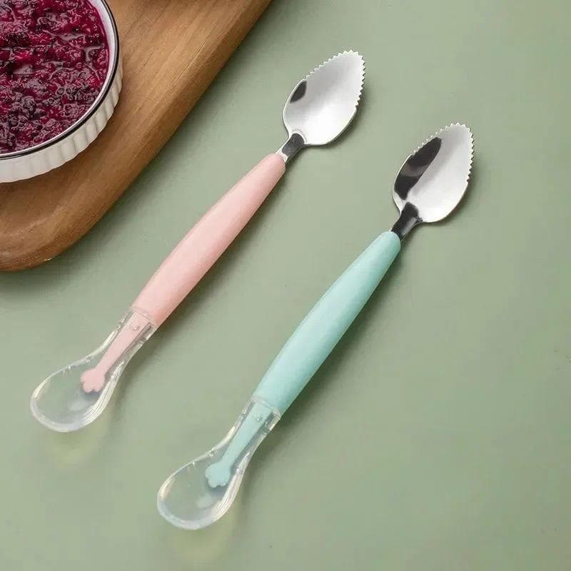 Talheres para Bebê em Silicone com Dupla Ponta para Raspar Purê de Frutas, Colher para Alimentos Complementares em Aço I