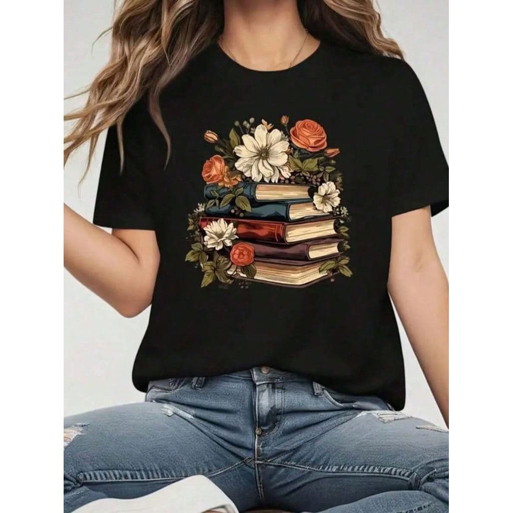 Camiseta Feminina Livros Flores Camisa 100% Algodão Modelo Casual De Verão