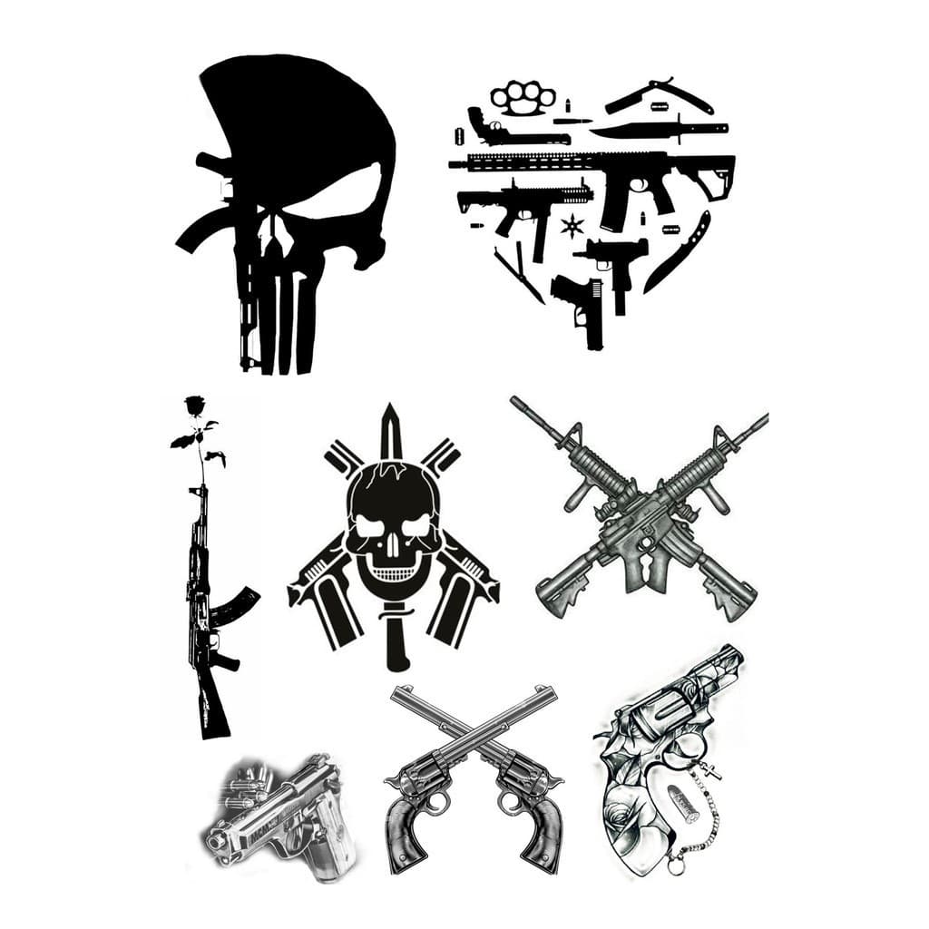 01 Cartela de Tatuagens Temporárias Armas c / 8 imagens