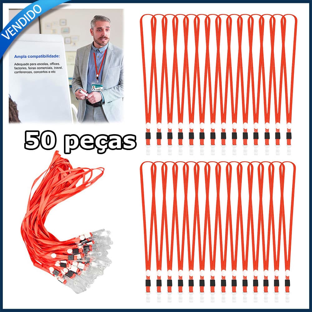 50x Cordões Porta Crachá Cordão vermelho para cartão de identificação com clipe Lanyard Suporte Poliéster