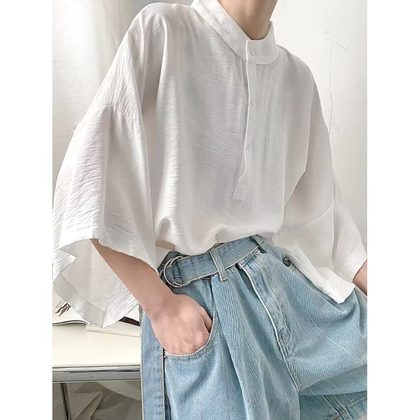 Estilo preguiçoso gola alta seda gelo Crinkle camisa masculina grande manguito Design solto cinco pontos de manga curta