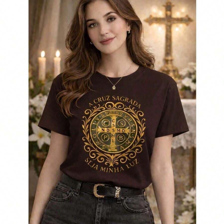 Camiseta Católica Cruz Sagrada 100% Algodão Casual SÃO BENTO