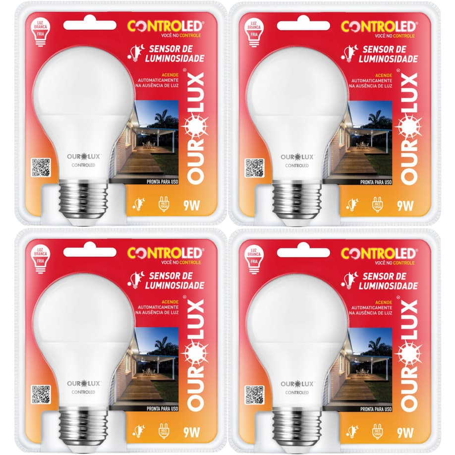 Kit 4  un Lâmpada c/ Sensor de Luminosidade 9W Branca Fria