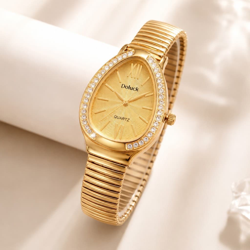 Relógio Feminino Oval Formato GOTA Pulseira Flexível Dourado Relógio Gota Com Pedras Luxo