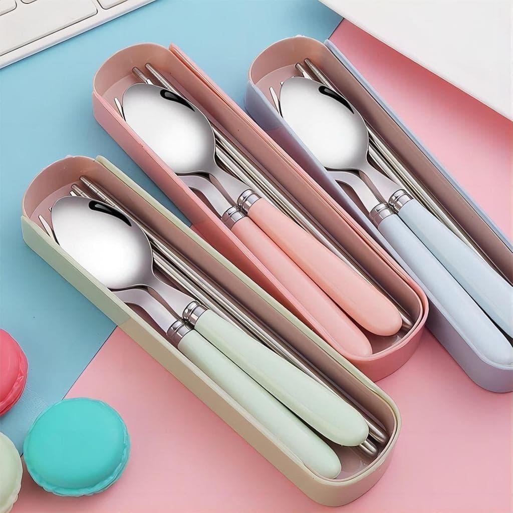 Conjunto de Talheres de Viagem em Aço Inoxidável, Talheres Descartáveis com Estojo Portátil, Inclui Garfo, Colher, Hashi