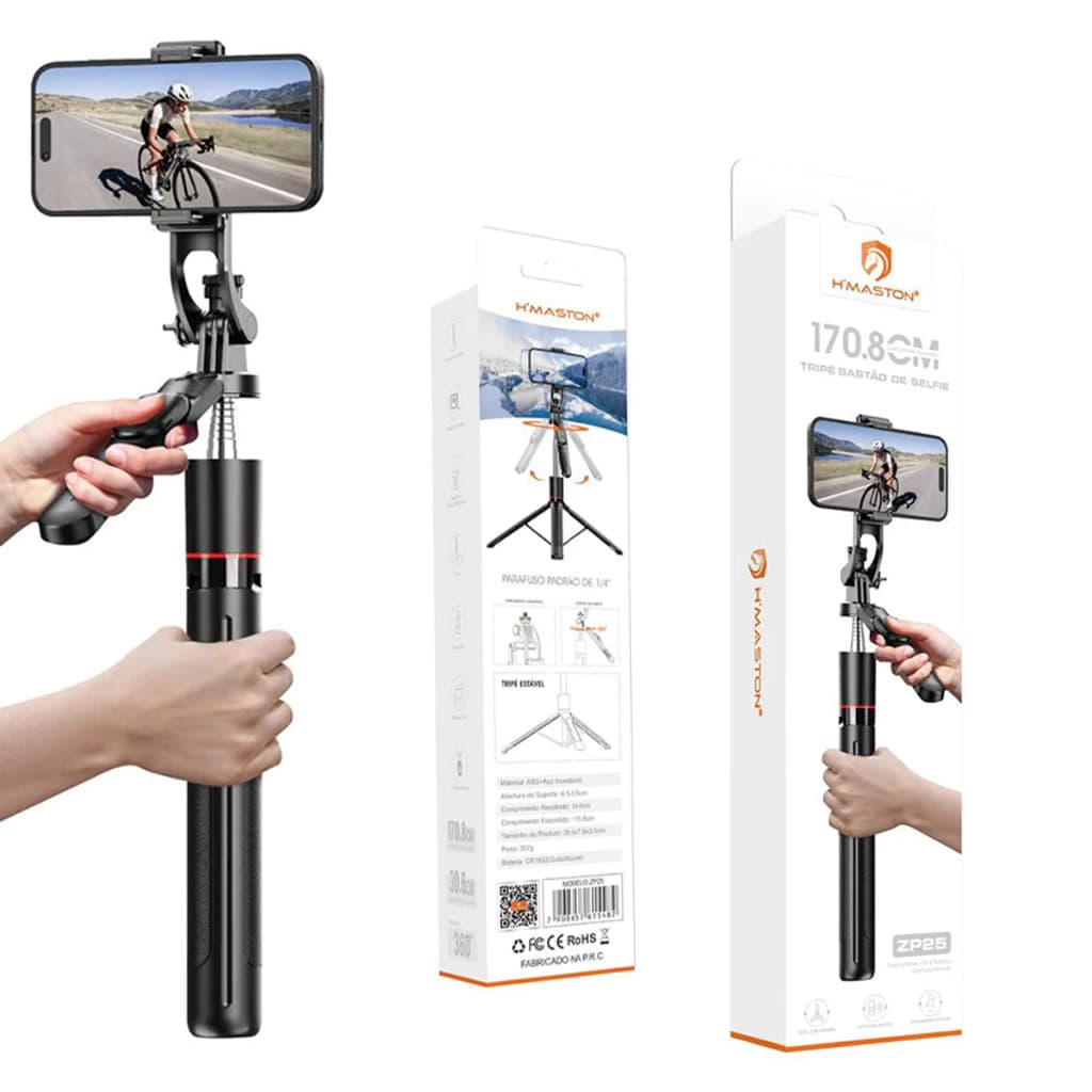 H'maston ZP25 Tripé Bastão De Selfie controle sem fio Bluetooth 170.8cm Rotação de 360°