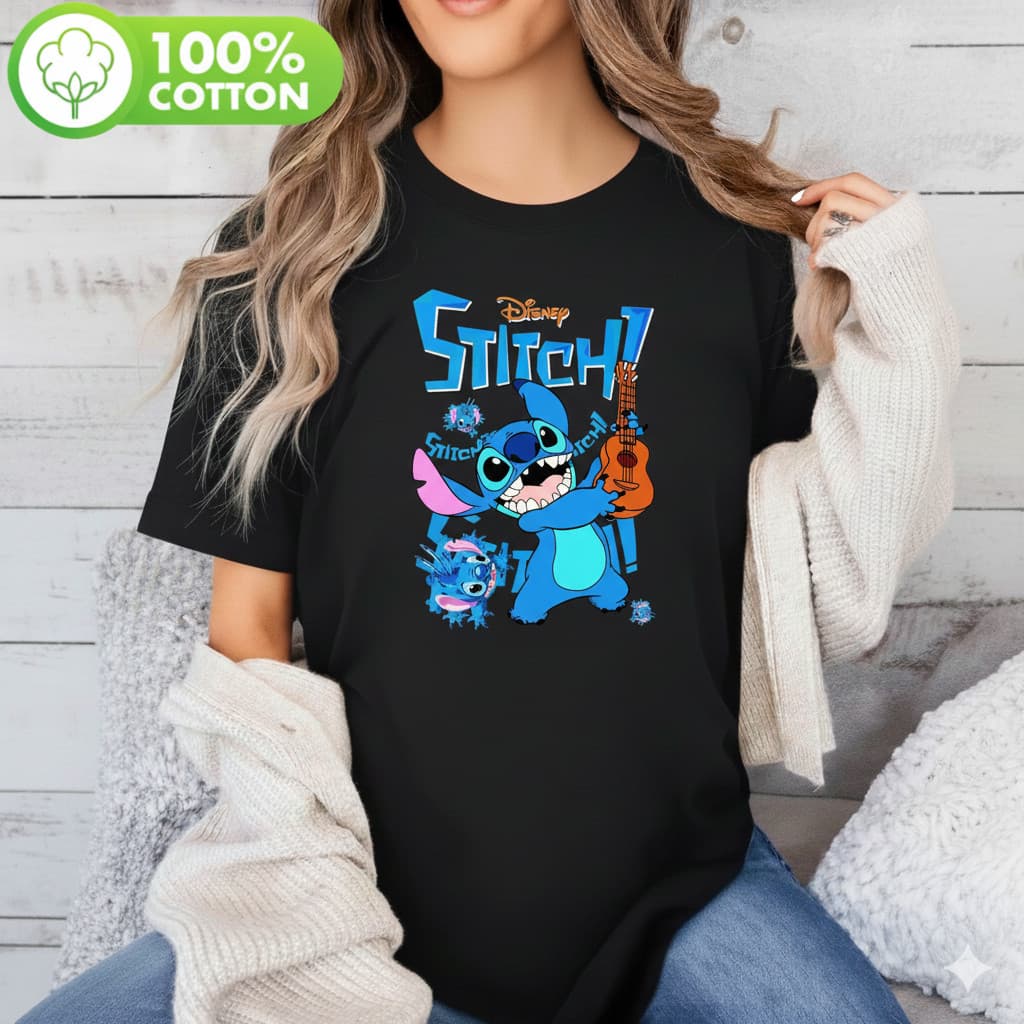 Camiseta Unissex Disney Lilo Stitch Ukulele Divertida Fofa Alegre Moda Animação