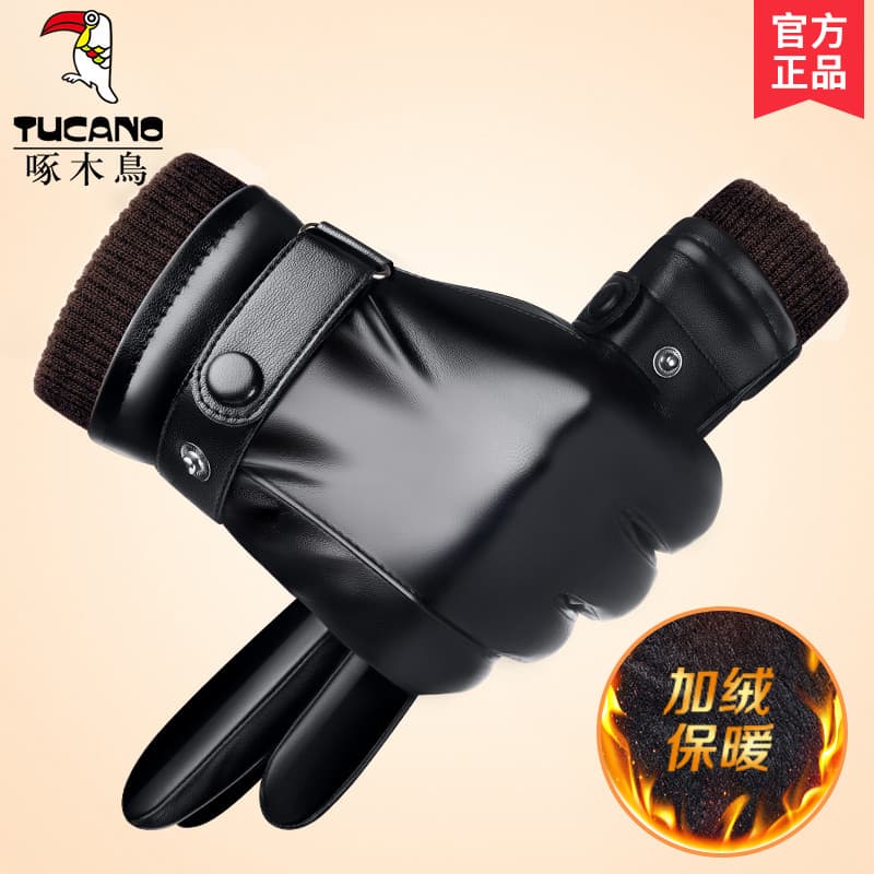Woodpecker luvas de couro masculino inverno forro de lã engrossado quente ciclismo à prova de vento tela sensível ao toq