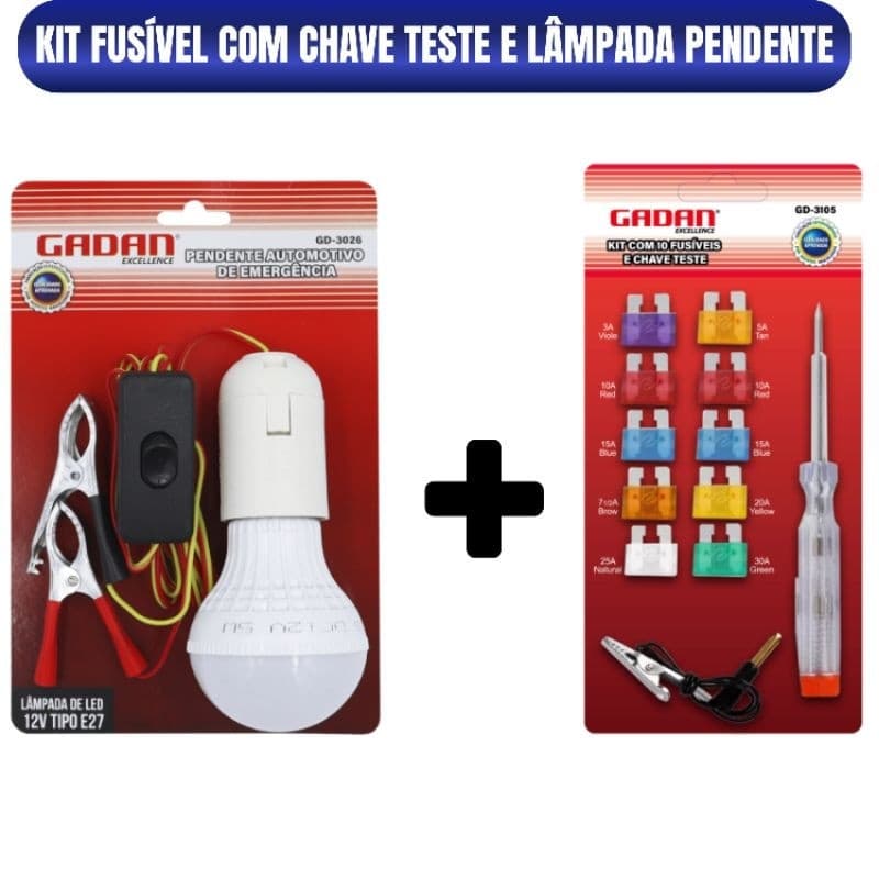 Kit Automotivo 12V Lâmpada Pendente LED E27 Garra ou Plug + Kit 10 Fusíveis  Chave Teste Carro