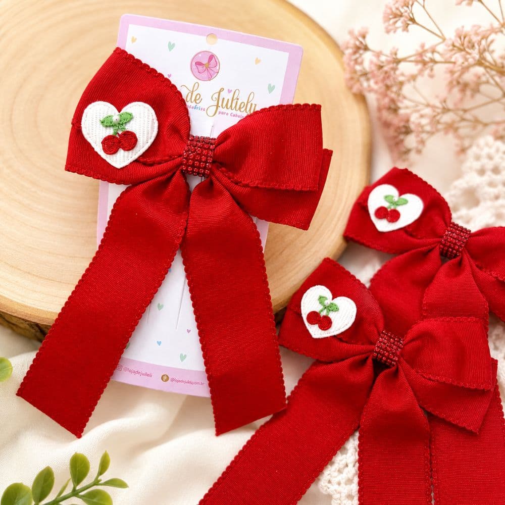 Kit Laço Infantil e Tiara Vermelha com Cereja Boutique Luxo Fita Gorgurão Presilha Infantil Bebê Menina