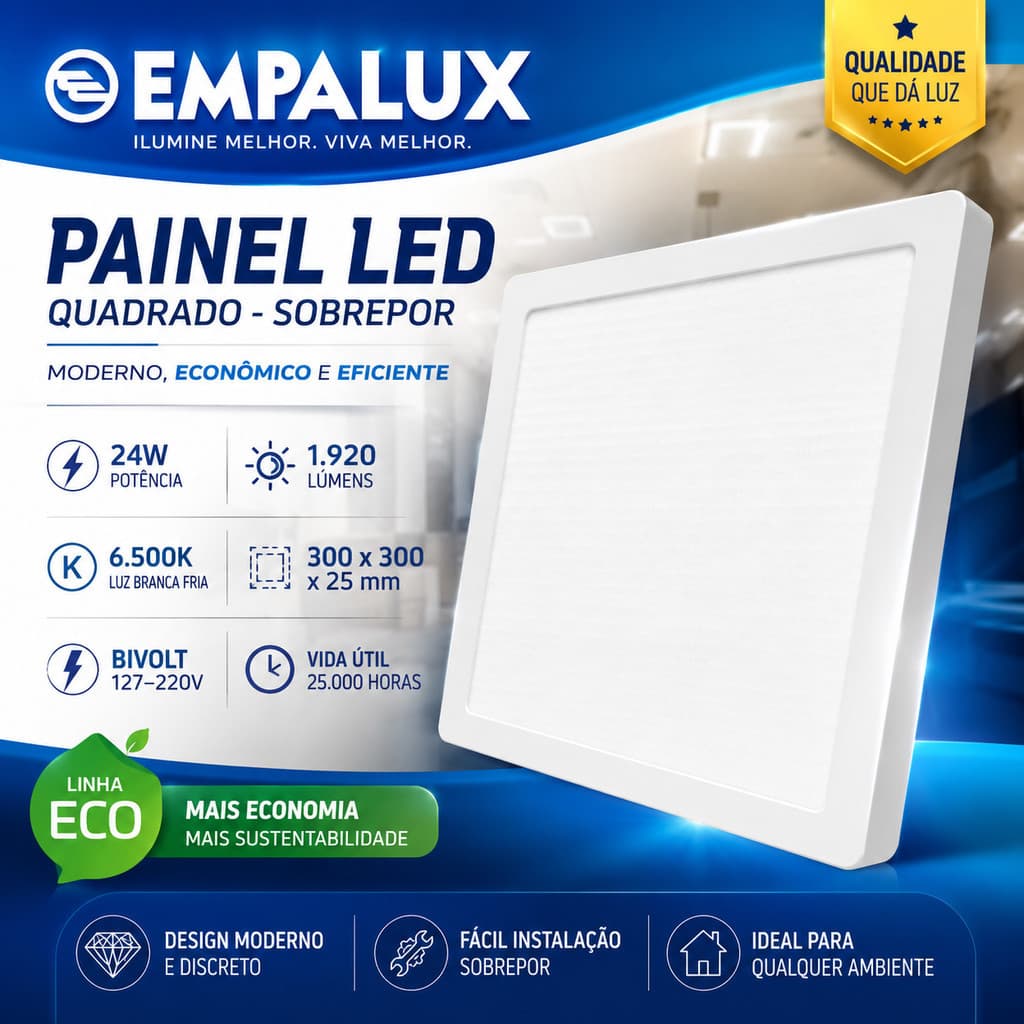 Painel LED Sobrepor Quadrado Plafon 24W 6500K Bivolt Luz Branca Fria 30x30cm 1.920LM