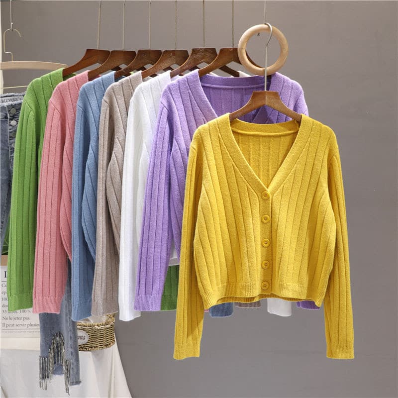 2025 primavera outono curto exterior solto influenciador de manga comprida com decote em v camisola malhas fino Cardigan