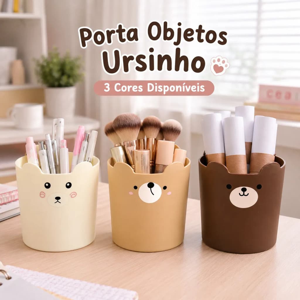 Porta Objetos Ursinho Redondo Organizador Mesa Maquiagem Canetas Decoração Fofo 14,5cm