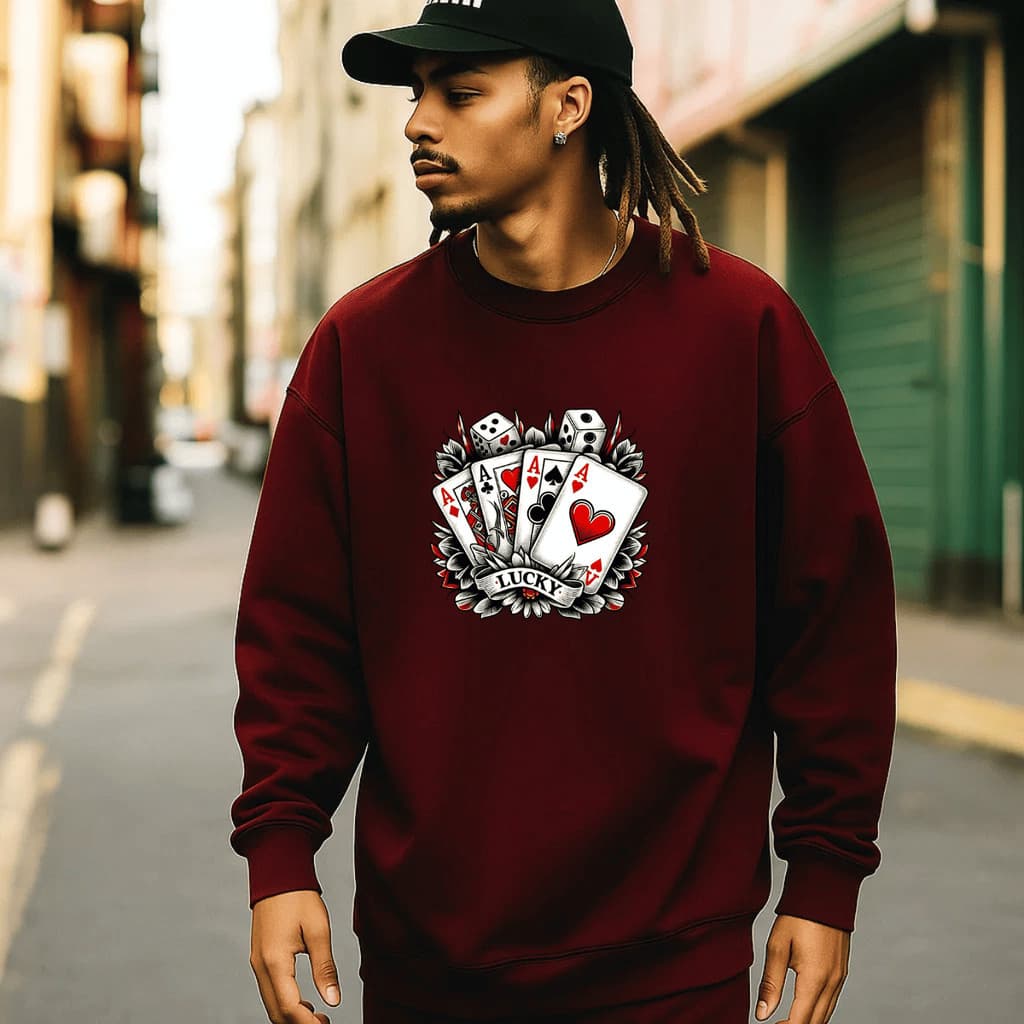 Moletom Masculino Gola Redonda Casaco Estampado Cartas Lucky 100% Algodão Blusa de Frio Careca Unissex Jaqueta Inverno