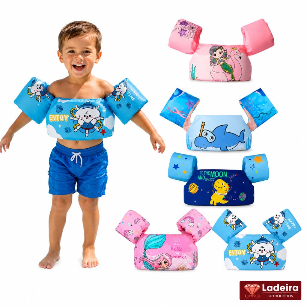 Colete Infantil Inflável com Boias de Braço Acopladas PVC para Piscina e Praia 2 a 5 Anos