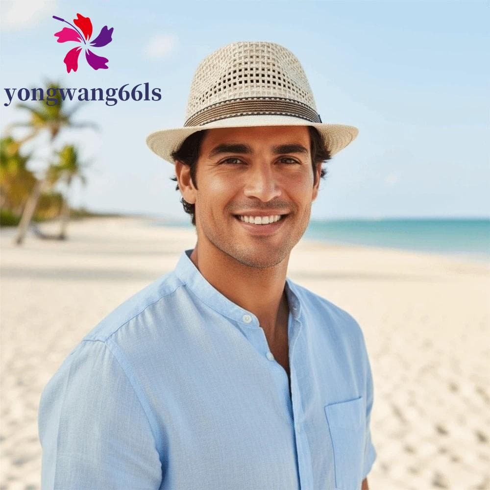 Chapéu Panamá Masculino YONGWANG , De Palha Tecido Oco Respirável , Guarda-Sol De Aba Curta Topi Boné De Praia De Férias