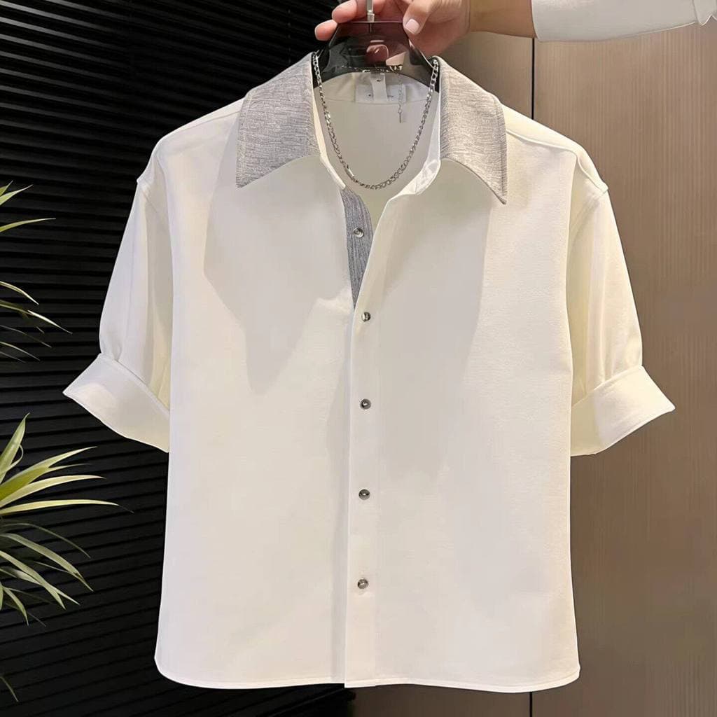 Verão Street wear Xiaoxiang estilo costura lapela camisa de manga curta masculina estilo coreano usar solto Drape gelo s