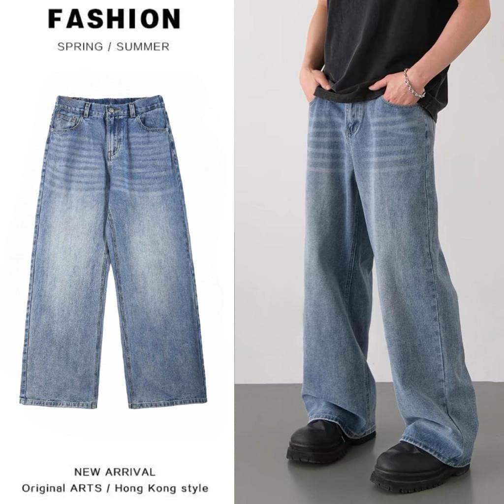 Calças jeans Largas Masculinas Vintage Estilo Coreano Mais Recentes Soltos De Perna Reta , Oi