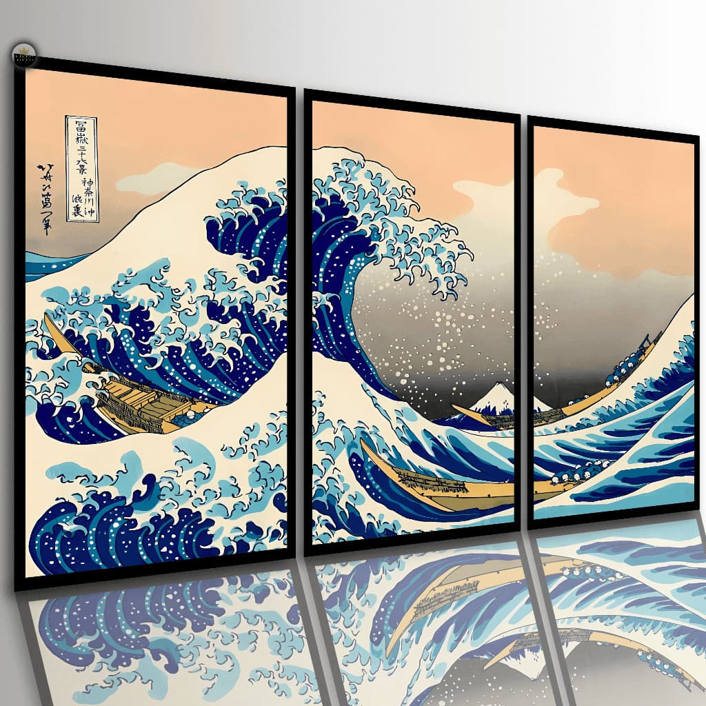 Quadros Decorativos Grande Onda de Kanagawa Hokusai | 3 Peças | 4K Sala Quarto