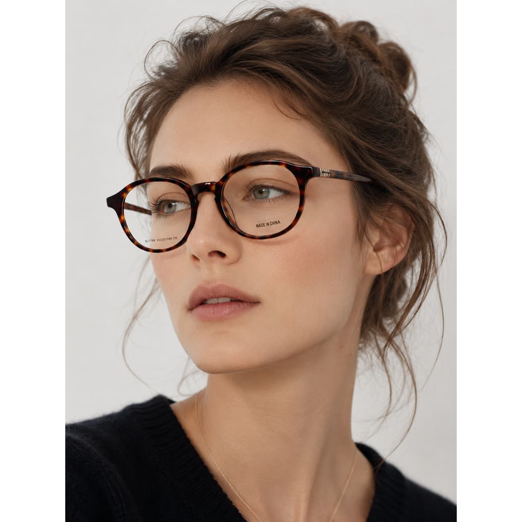 【Betsy】Óculos Sem Grau Retrô — Armação Redonda de Acetato Chapa com Metálico Lateral, Confortável e Resistente