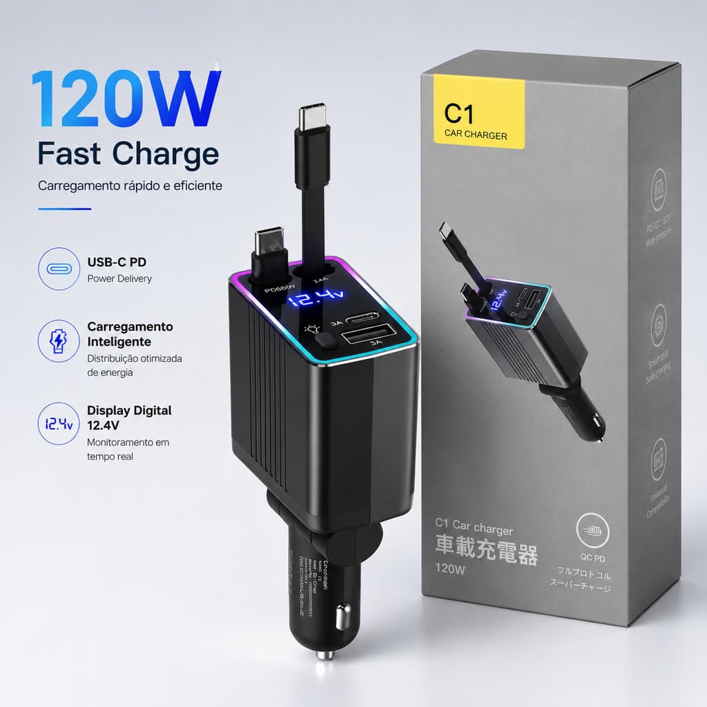 Carregador Veicular C1 120W Turbo USB-C PD + USB 3A | Cabos Retráteis Integrados | Display Digital 12.4V | Carregamento