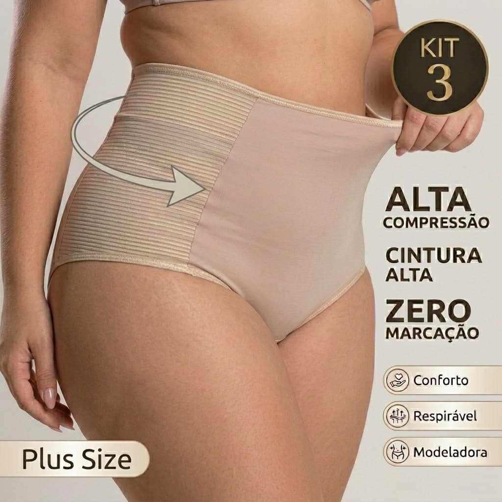 Kit Calcinhas Plus Size Cinta Modeladora Cós Alto Redutora de Medidas Compressão