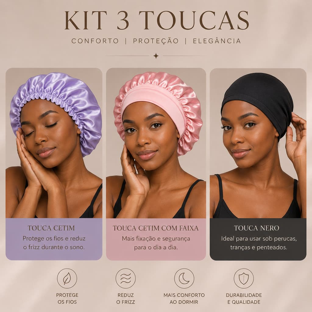 KIT TOUCAS DE CETIM COM FAIXA TOUCA NERO E TOUCA CETIM TRADICIONAL CORES SORTIDAS