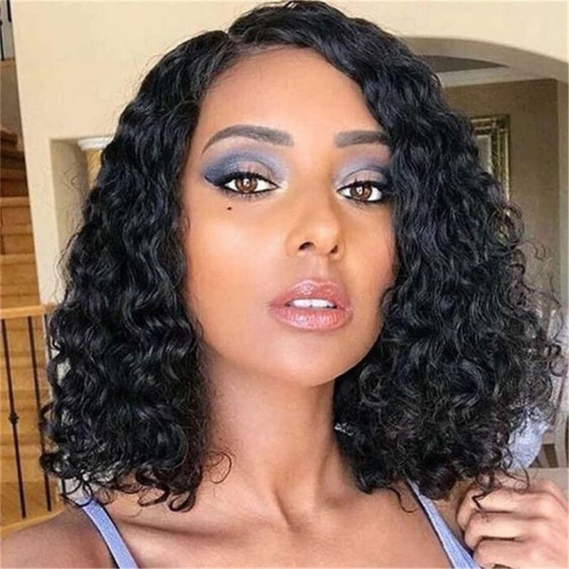 Perucas de Cabelo Curto Preto, Peruca de Lã Fofa, Fibra Química, Feminina KOPX
