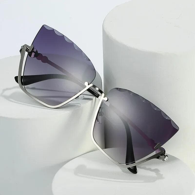 Óculos de Sol Femininos Semi-Armação Olho de Gato, Óculos de Sol da Moda para Mulheres, Óculos de Sol Metálicos de Meia-