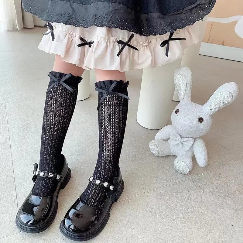 Meias de malha com padrão jacquard e laço doce para meninas, meias de cano longo com renda, meias de balé para bebês, me