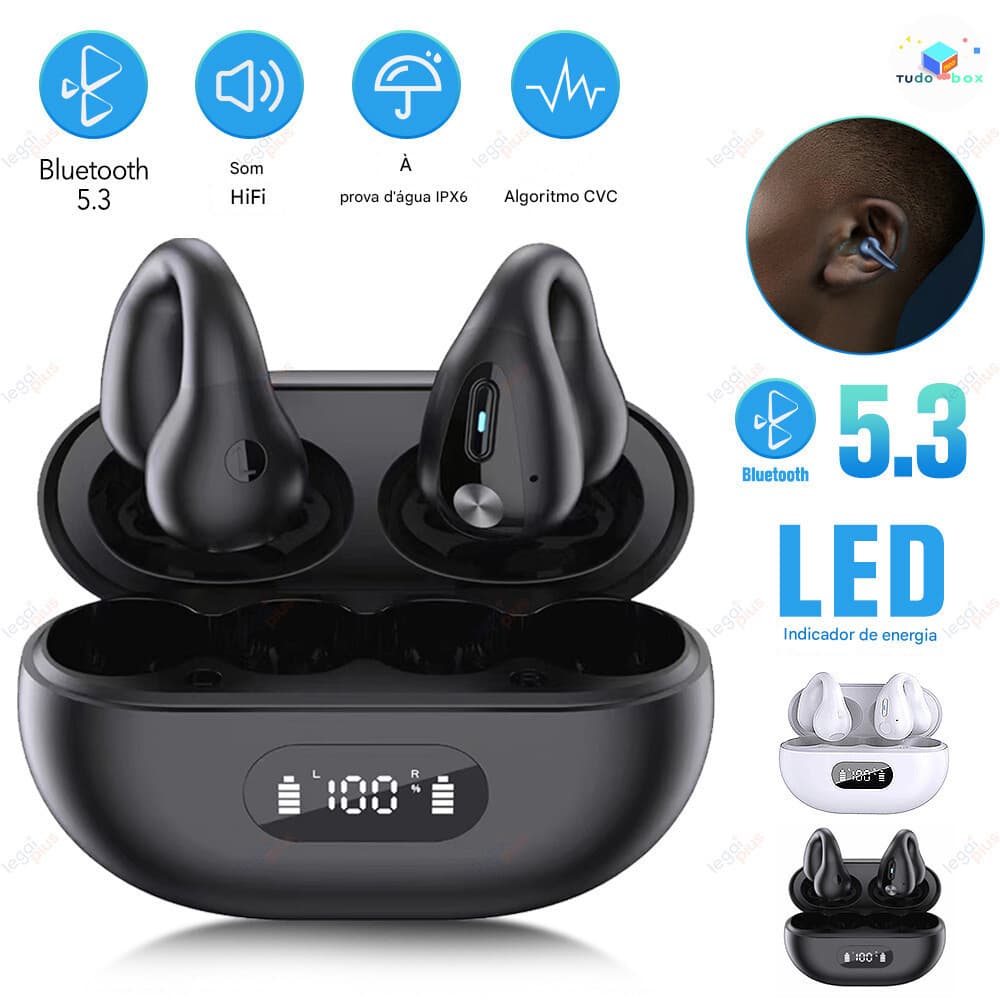 Fone de Ouvido Esportivo Bluetooth 2026 | Clip Auricular, Não Intra-auricular, Autonomia Extra-Longa, Sem Vazamento