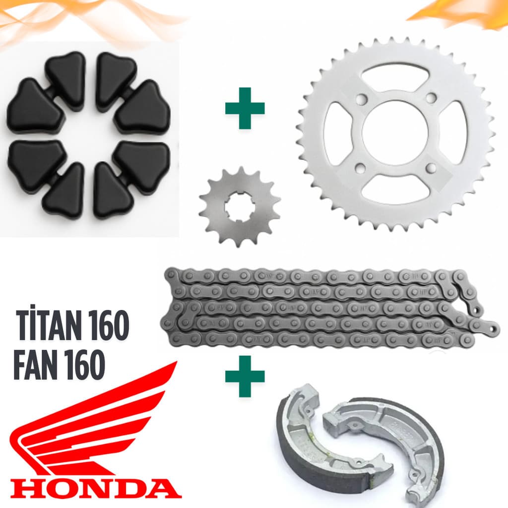 Kit Relação Transmissão Tração TITAN 160 FAN START 160 + Coxim Da Coroa + Patins Lona de Freio